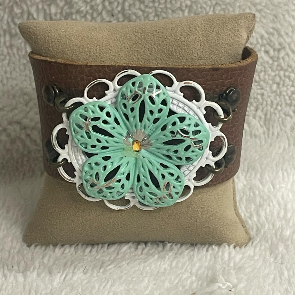 Western Handmade Brown Leather Cuff Bracelet With a Mint Green Filigree Flower - Picture 2 of 5